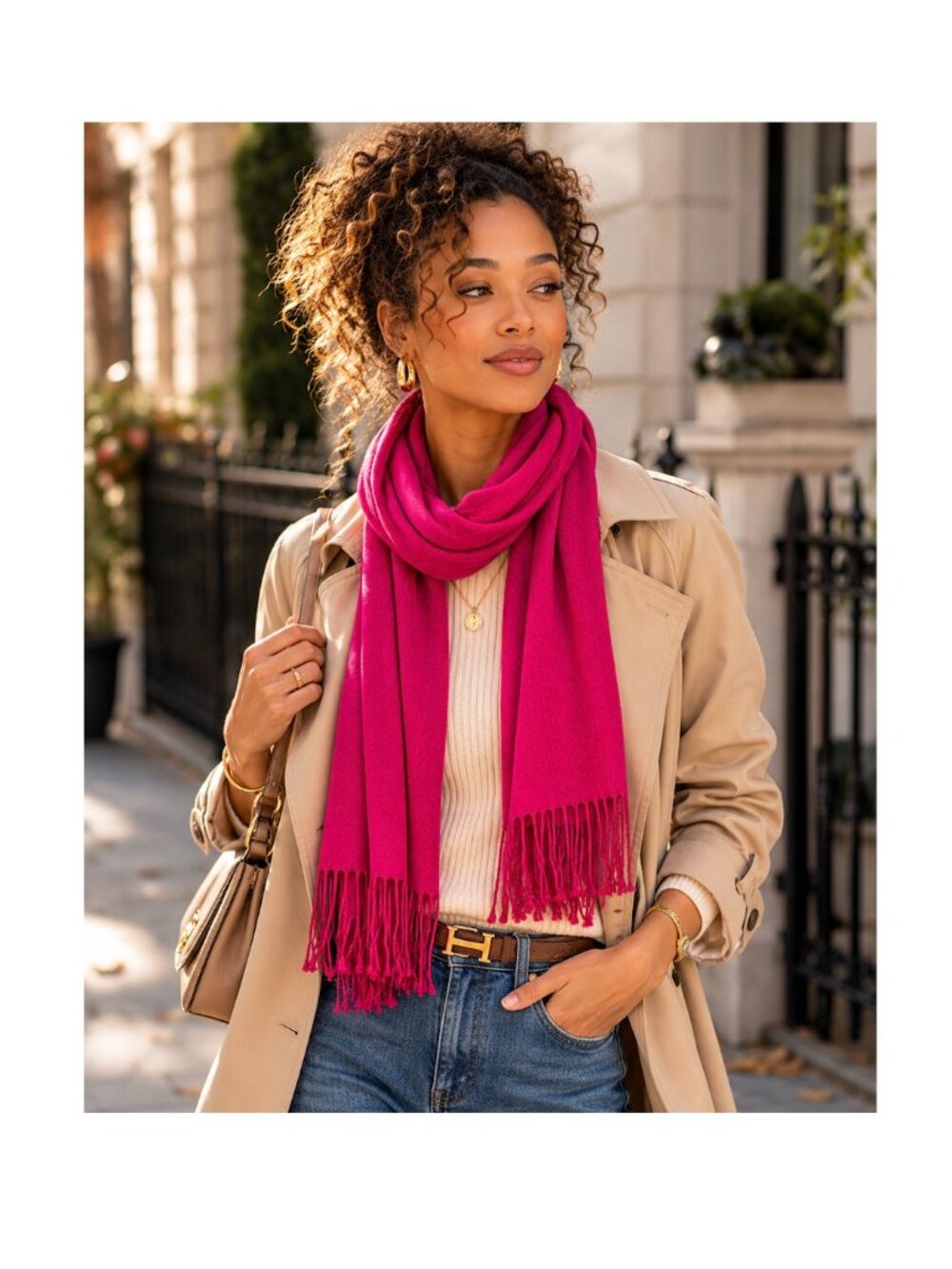 100% Pashmina Wrap Solid Fucshia Scarf Vibrant Shawl Fringe